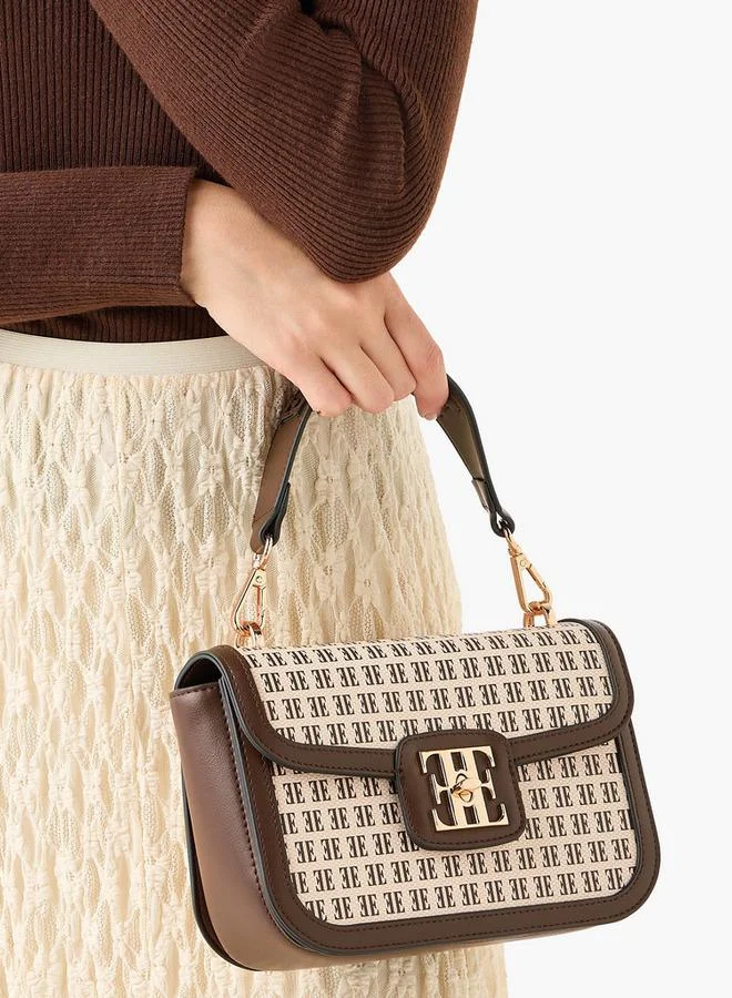 ELLE Monogram Print Satchel Bag with Detachable Strap