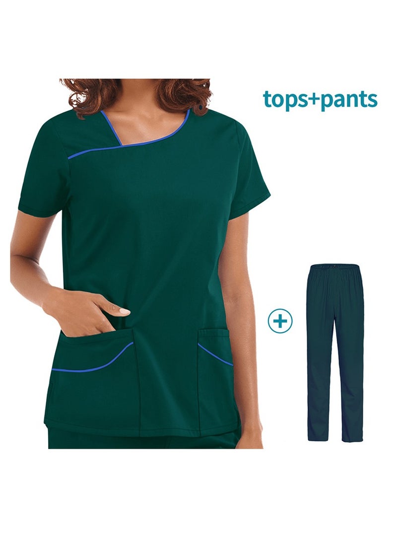 Loquat Womens Medical Uniform Scrubs 2 Piece Set Top and Elastic Waist Pants Suit Dark Green - Image 1