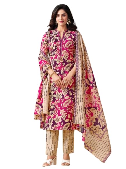 Varanga floral printed Kurta with mirror detailing paired with printed trouser and dupatta. - Image 1