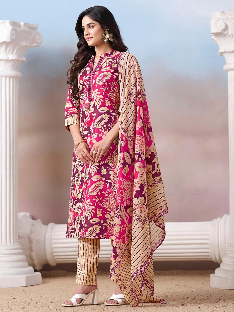 Varanga floral printed Kurta with mirror detailing paired with printed trouser and dupatta. - Image 3