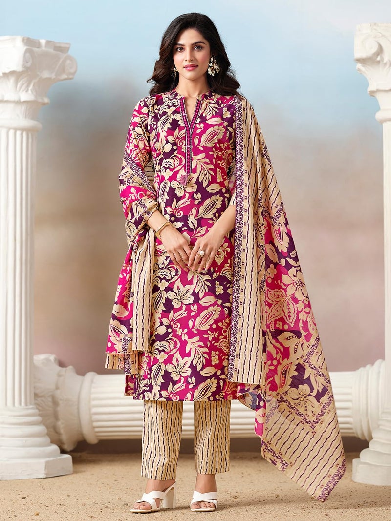 Varanga floral printed Kurta with mirror detailing paired with printed trouser and dupatta. - Image 2