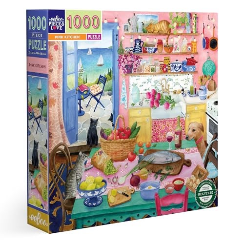eeBoo 1000 Piece Puzzle Pink Kitchen Jigsaw Puzzle for Adults Square 23 x 23 Made with Recycled Board VegetableBased Ink - Image 1
