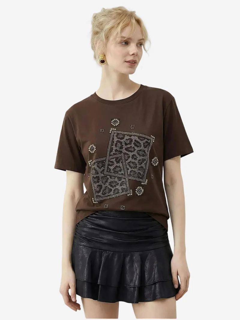 بيانكو لوتشي LUCCI Crew Neck Geometric Sequin Printed T-Shirt