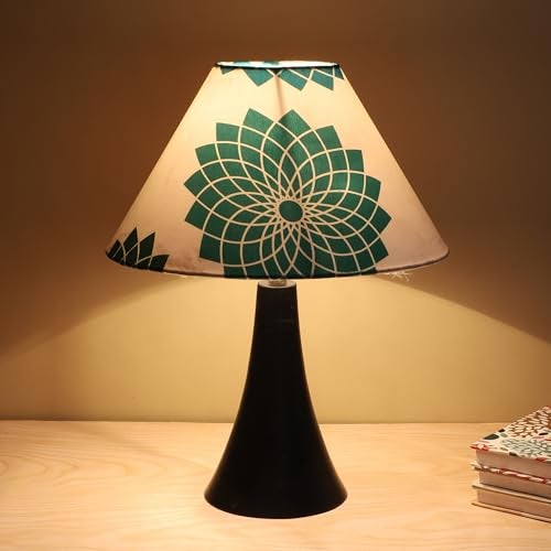 tu casa Classic Black Metal Base Bedside Table Lamp with Dahlia Floral Print Satin Shade for Home Decoration Bedroom Living Room Lounge Office Festival Decor & Gifting Study Table H - 13" / No Blub - Image 1