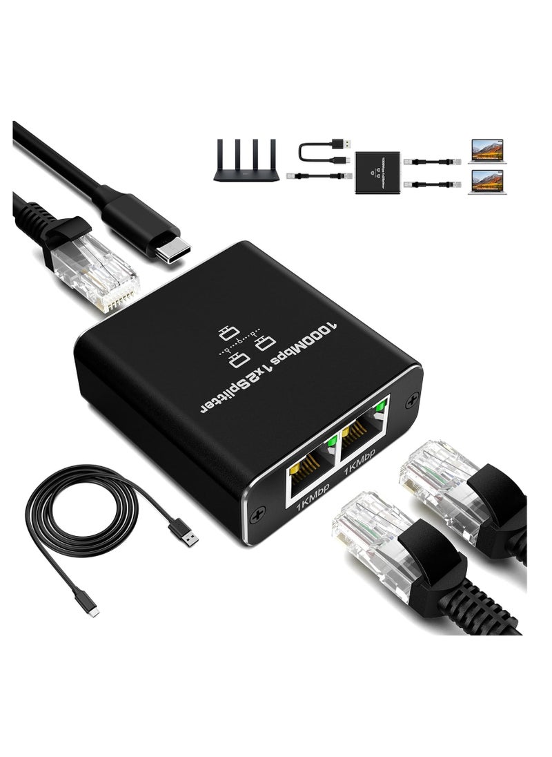 Generic 1000Mbps LAN Splitter 1 to 2 Ethernet Port 2 Gigabit RJ45 Ports with Type C Power Cable for PC Hub Router Set-Top Box  - Image 1