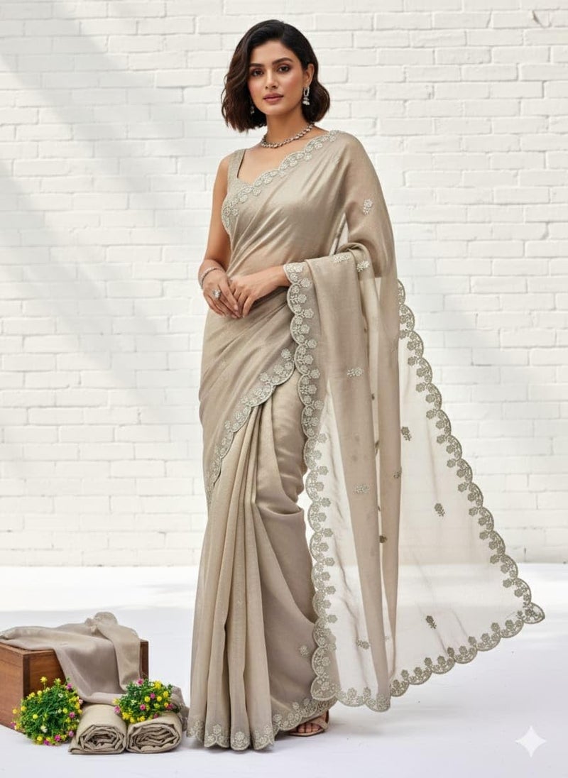 Yashika Women's Organza Net Floral Embroidered Saree | Brown Color Saree | Women Sari | Saree_(AZ-YS-OG1-INAAYA BROWN) - Image 2