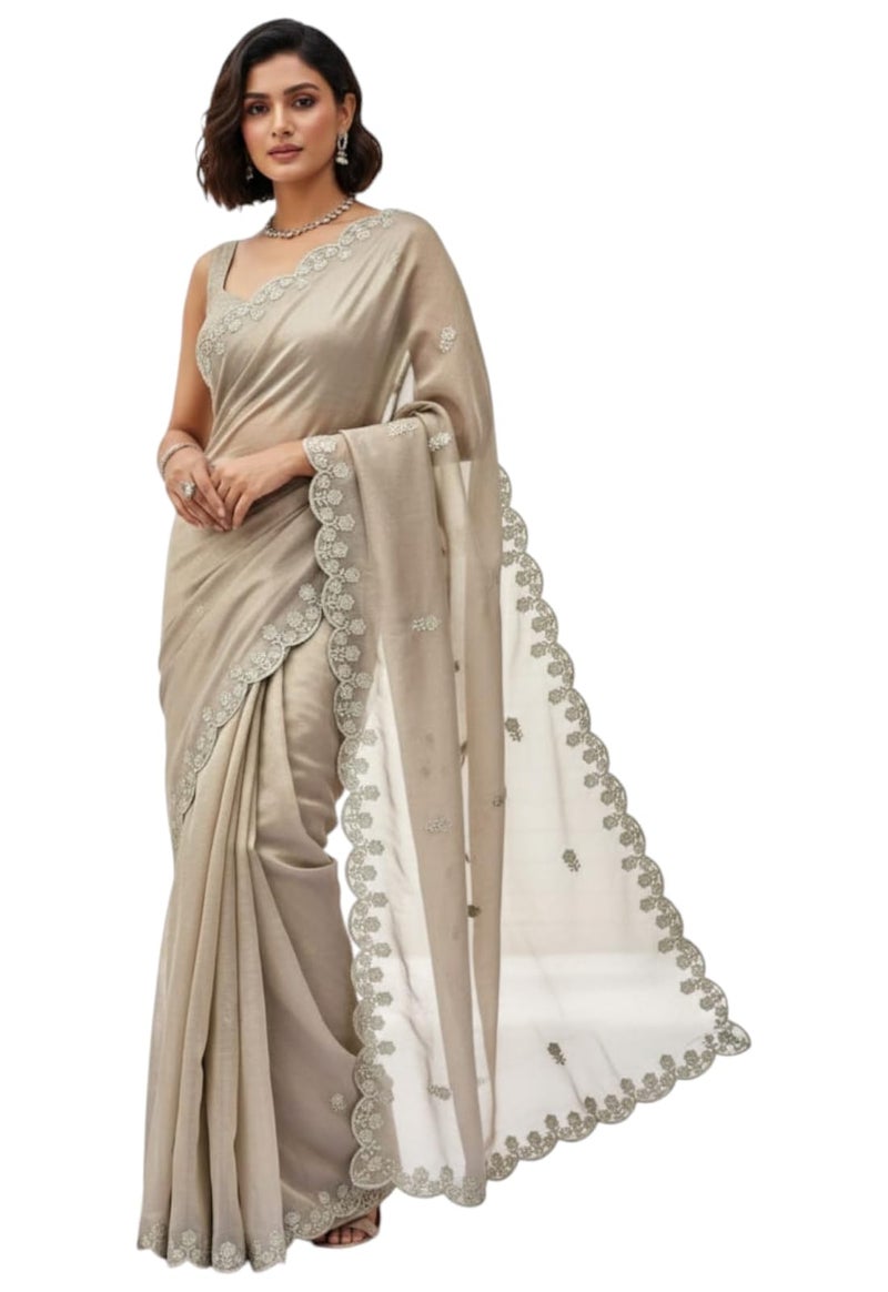 Yashika Women's Organza Net Floral Embroidered Saree | Brown Color Saree | Women Sari | Saree_(AZ-YS-OG1-INAAYA BROWN) - Image 1