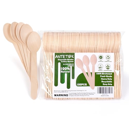 ANTETOK Disposable Wooden Cutlery Spoons - 100 Pack Wooden Spoons Disposable,Biodegradable and Earth Friendly, 6.3 Inch Length - Image 1