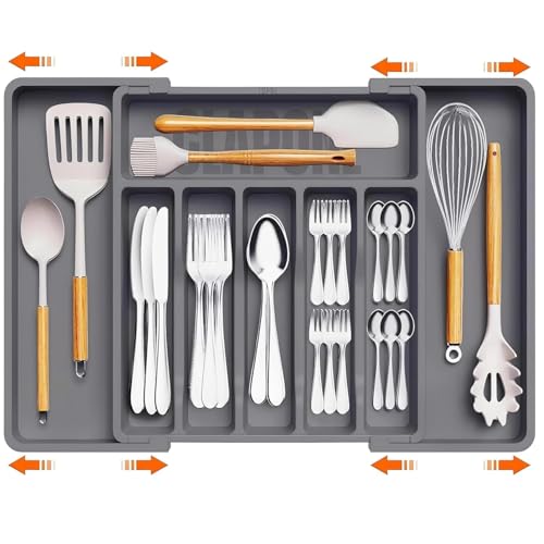 Tarev Drawer Organizer Tray/Kitchen Expandable Utensil Tray/Adjustable Utensil Organizer/Cutlery Silverware Flatware Holder/Divider for Spoons Forks Knives Tableware (Grey, 1 Pcs) - Image 1