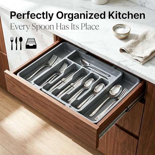 Tarev Drawer Organizer Tray/Kitchen Expandable Utensil Tray/Adjustable Utensil Organizer/Cutlery Silverware Flatware Holder/Divider for Spoons Forks Knives Tableware (Grey, 1 Pcs) - Image 5