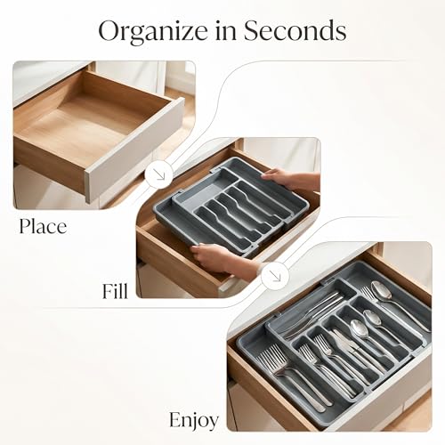 Tarev Drawer Organizer Tray/Kitchen Expandable Utensil Tray/Adjustable Utensil Organizer/Cutlery Silverware Flatware Holder/Divider for Spoons Forks Knives Tableware (Grey, 1 Pcs) - Image 4