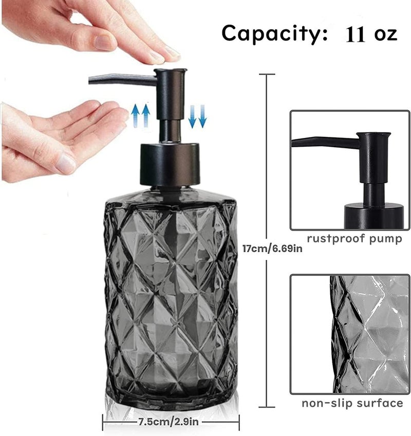 YTDTKJ 2 Pcs Glass Soap Dispenser Set for Bathroom, 11oz. Glass Soap Bottles with Plastic Pump, Kitchen Dish Soap Dispenser Set, Hand-Pump Dispenser for Liquid Hand Soap, Lotion, Essential Oil (Black) - Image 2