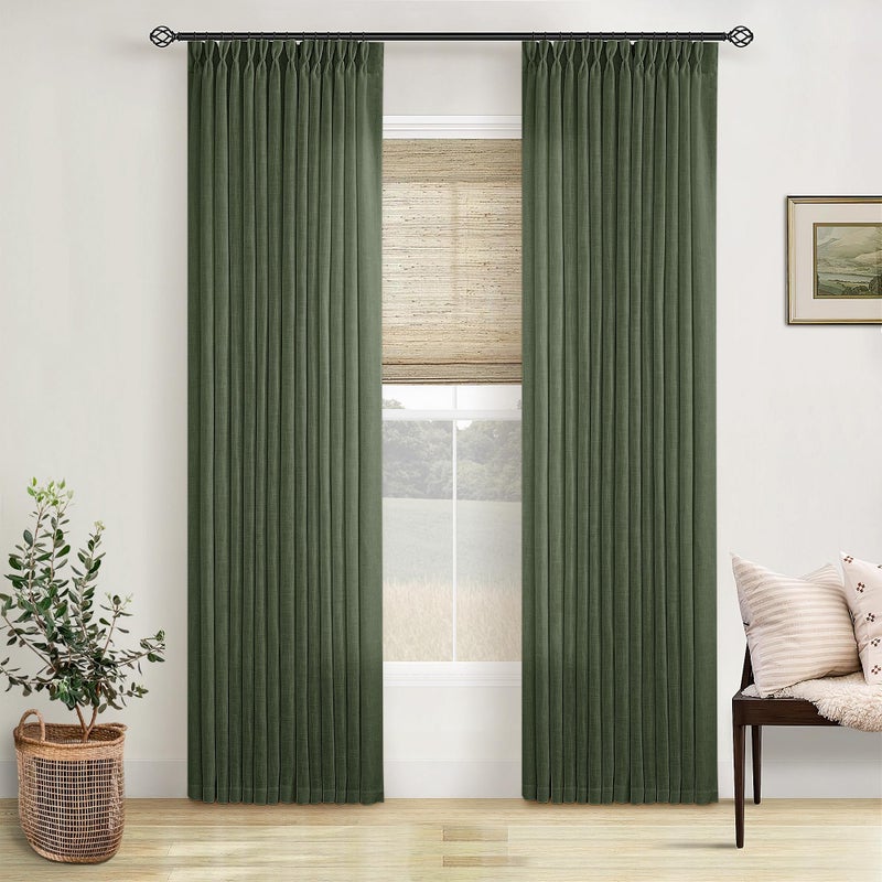 TWODRAPES Olive Green Linen Pinch Pleated Curtains 84 Inches Long 2 Panels for Living Room Bedroom Linen Pleated Hooks Rings Back Tab Light Filtering Loden Moss Green Farmhouse Drapes 84 Inch Length - Image 1