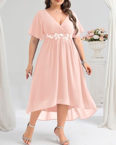 Talisea Plus Size Pink Dress Formal Wedding Guest Bridesmaid Mother of Bride Chiffon V Neck Short Sleeve High Low Dresses Women - Image 4