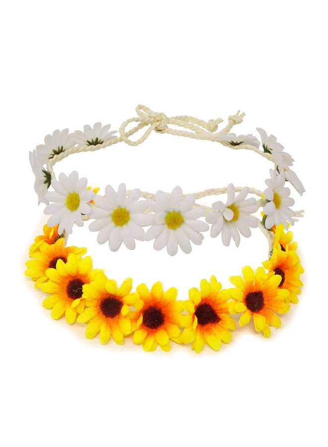 HONBAY Onbay 2Pcs Fashion Flower Headband Sunflower Hair Wreath Festival Hair Band Bridal Headpiece (Yellow+White) - Image 2
