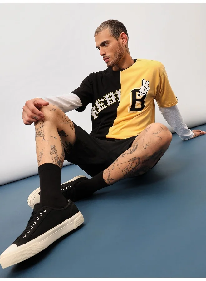 Beyoung Black-Yellow Color Block Oversized T-shirt for Men