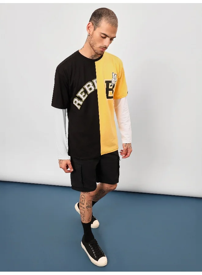 Beyoung Black-Yellow Color Block Oversized T-shirt for Men