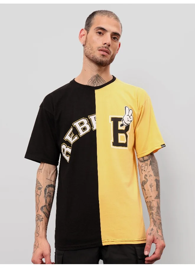 Beyoung Black-Yellow Color Block Oversized T-shirt for Men