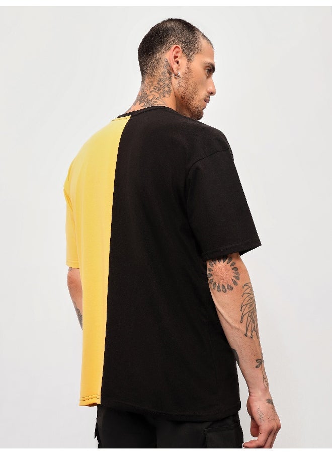 Beyoung Black-Yellow Color Block Oversized T-shirt for Men  - Image 2
