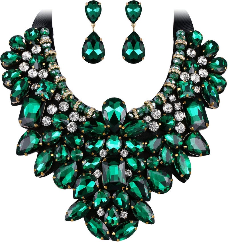 Flyonce Costume Jewelry for Women, 9 Colors Rhinestone Crystal Statement Necklace Earrings Set - Image 1