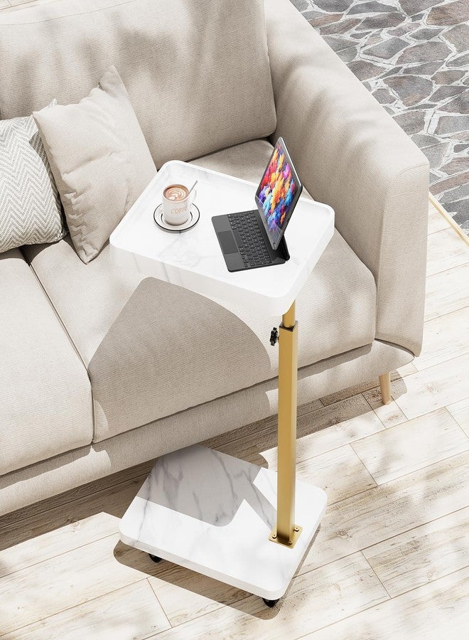 Katrawu TV Tray Table, Adjustable Dinner Trays for Eating Table,360° Swivel& Sofa Armrest End Side Couch Snack Table for Sofa, Bedroom, Living Room, C Shaped End Table that Slide Under(White+Gold) - Image 1