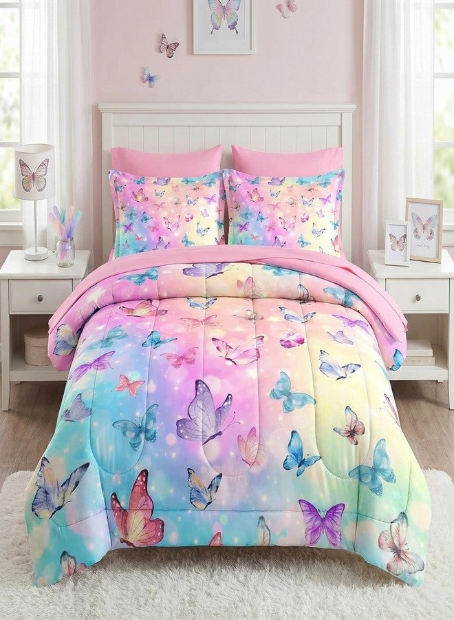 Pamnest Comforter Set Twin Size, Pink Blue Butterfly 5 Pcs Bedding for Kids and Adults, Purple Colorful Rainbow Bed Sheet Sets with Fitted Sheet Pillowcase & Sham - Image 1