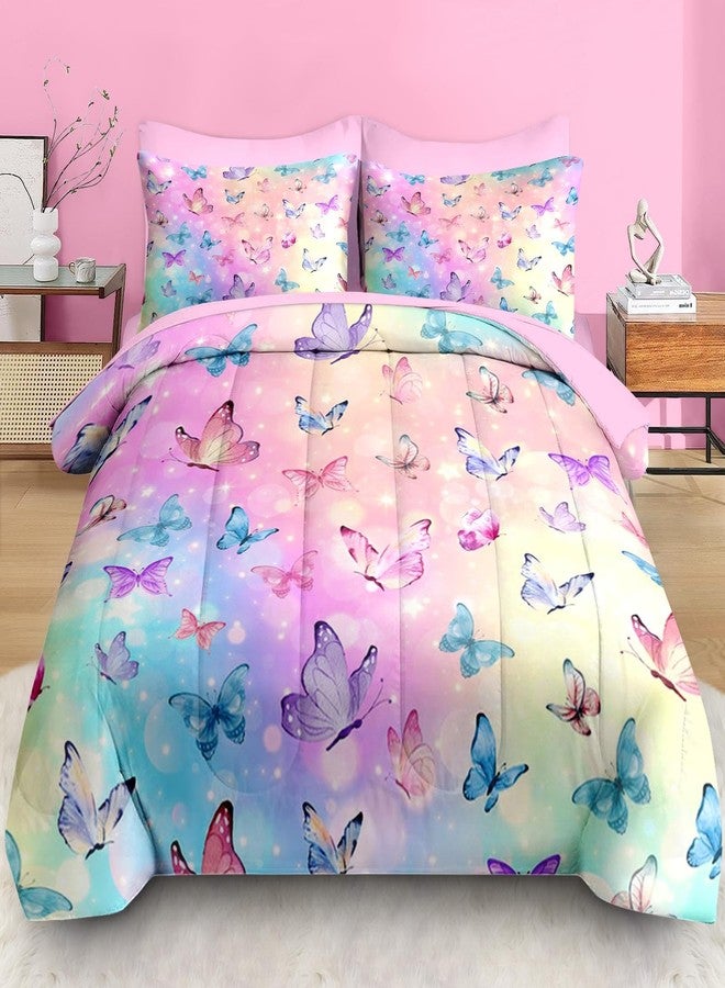Pamnest Comforter Set Twin Size, Pink Blue Butterfly 5 Pcs Bedding for Kids and Adults, Purple Colorful Rainbow Bed Sheet Sets with Fitted Sheet Pillowcase & Sham - Image 3