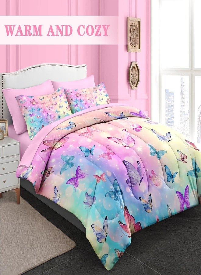 Pamnest Comforter Set Twin Size, Pink Blue Butterfly 5 Pcs Bedding for Kids and Adults, Purple Colorful Rainbow Bed Sheet Sets with Fitted Sheet Pillowcase & Sham - Image 2