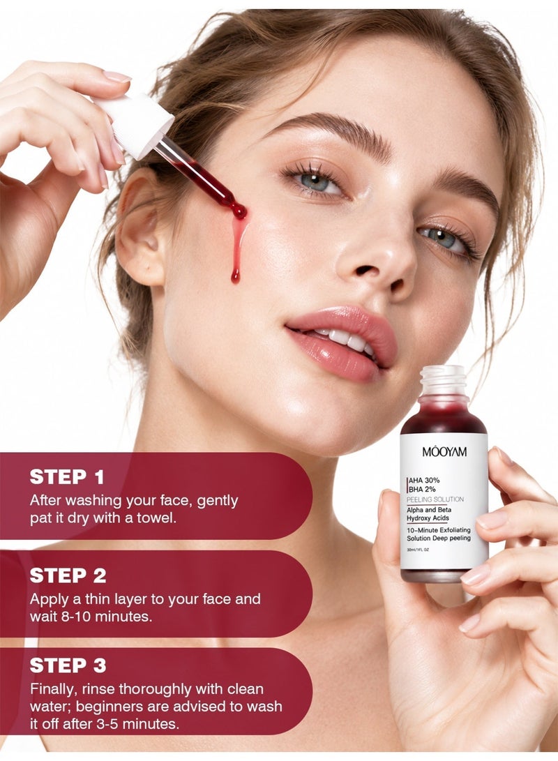 MOOYAM AHA 30% + BHA 2% Peeling Solution Exfoliating Chemical Skin Peel for Face At Home Facial Mask Red Peeling BHA Liquid Exfoliant Acid Peels Salicylic Acid Exfoliators Acid Peel For Face 30ML - Image 3