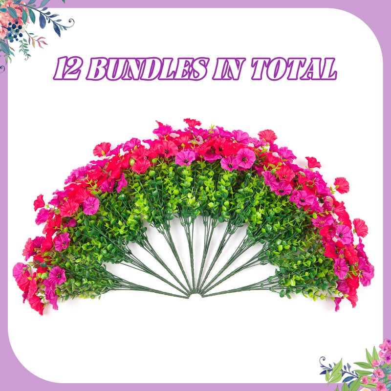 Hrobek Artificial Flowers for Outdoors, 12 Bundles Fake Plastic Flower Plant, Faux Colorful Silk Morning Glory Eucalyptus for Spring Summer Outside Garden Porch Front Door Decor, Hot Pink Purple - Image 3