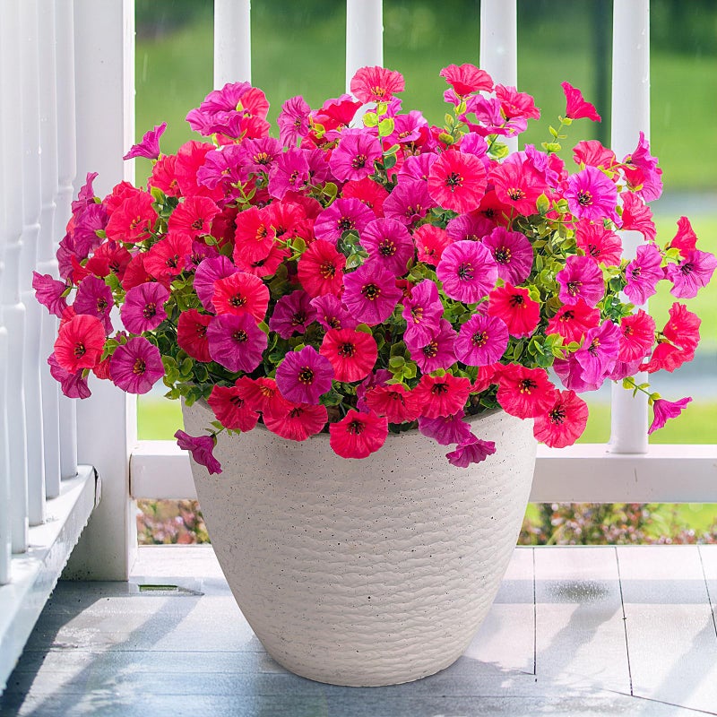 Hrobek Artificial Flowers for Outdoors, 12 Bundles Fake Plastic Flower Plant, Faux Colorful Silk Morning Glory Eucalyptus for Spring Summer Outside Garden Porch Front Door Decor, Hot Pink Purple - Image 1