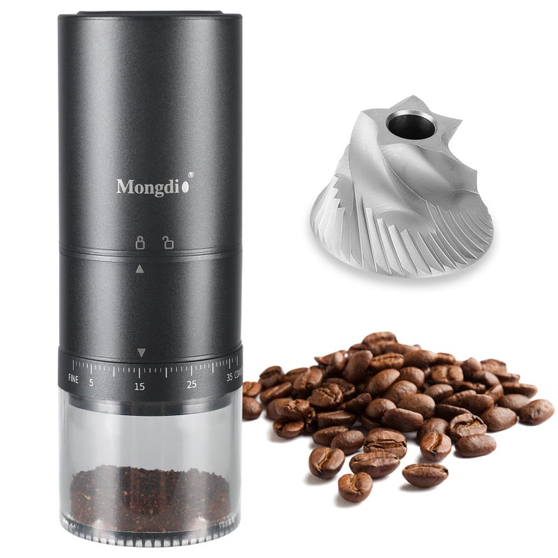 Mongdio Portable Electric Coffee Bean Grinder with 38 Adjustable Settings, Electric Burr Coffee Grinder Stainless Steel Core, For Traveling, Camping, Office, Black - Image 1