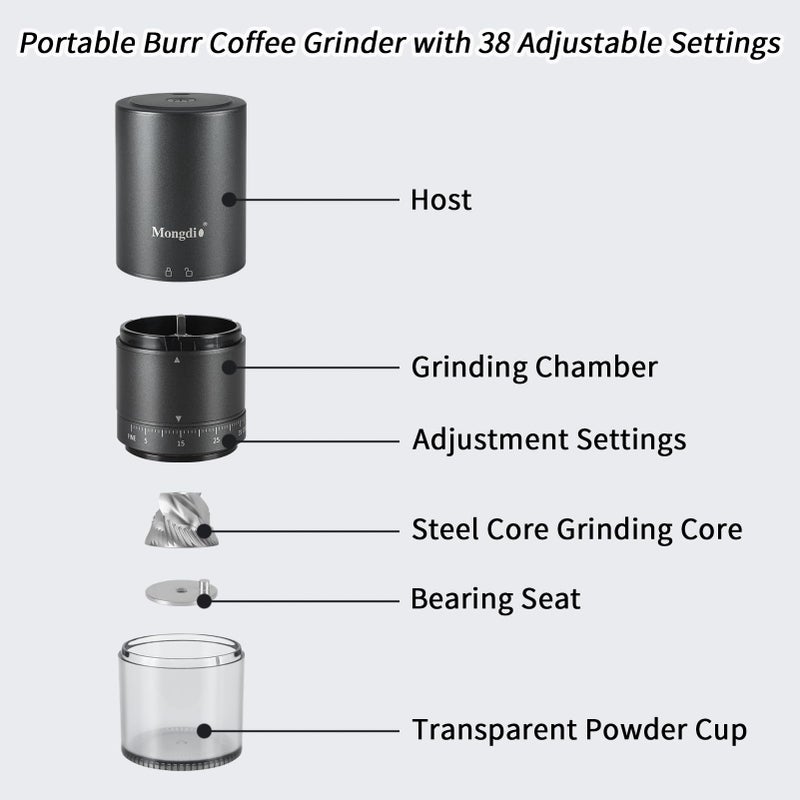 Mongdio Portable Electric Coffee Bean Grinder with 38 Adjustable Settings, Electric Burr Coffee Grinder Stainless Steel Core, For Traveling, Camping, Office, Black - Image 5