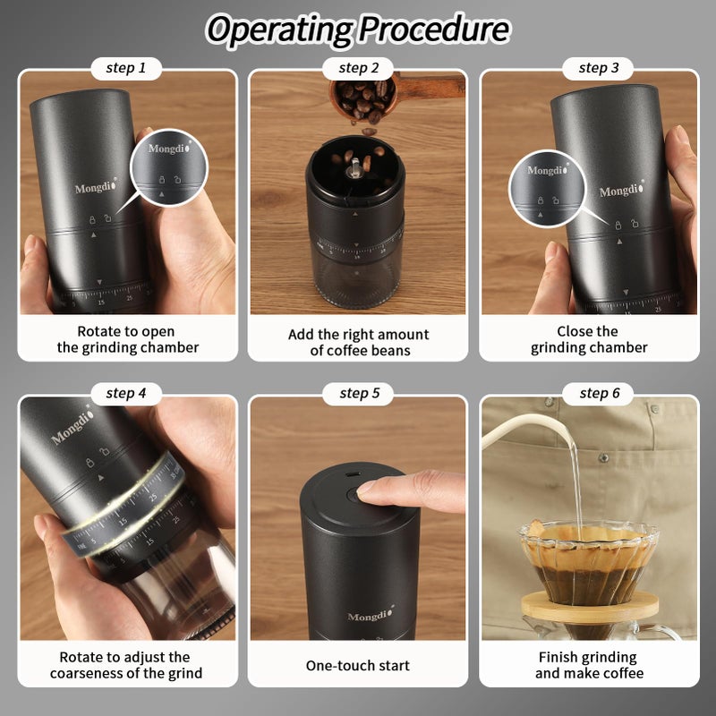 Mongdio Portable Electric Coffee Bean Grinder with 38 Adjustable Settings, Electric Burr Coffee Grinder Stainless Steel Core, For Traveling, Camping, Office, Black - Image 2