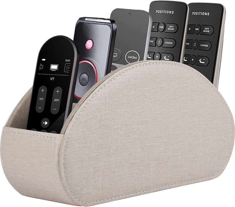 RHCSZ PU Leather Remote Control Holder,TV Remote Caddy/Box with 5 Compartments,Bedside Table Organizer for Controller,Glasses,makeup brushes,jewelry and Media Player,Pen/Pencil Storage (Cream) - Image 1