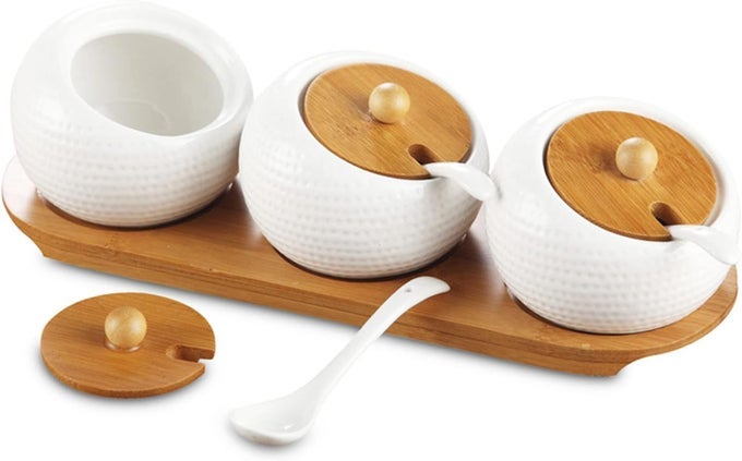 3PCS PORCELAIN SPICE JAR SET CERAMIC CONDIMENT JAR WITH BAMBOO LID AND HOLDER SPOT CERAMIC SERVING SPOON SPICE JARS CONTAINER FOR SUGARSALTPEPPER WHITE
