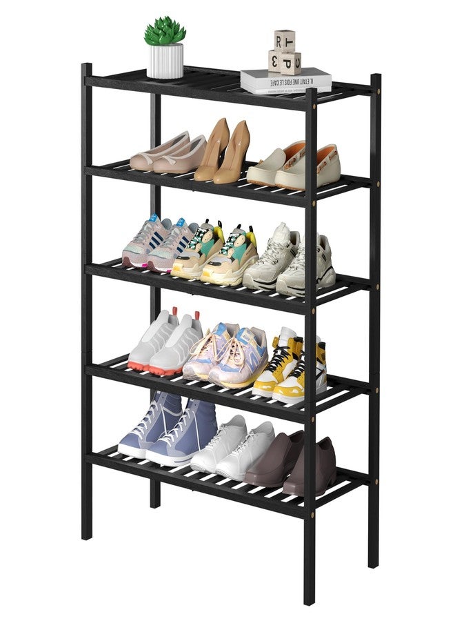 ROMGUAR CRAFT 5 Tier Bamboo Shoe Rack for Closet Free Standing Wood Shoe Shelf for Entryway Small Space Stackable 27"x11"x33" (Black) - Image 1