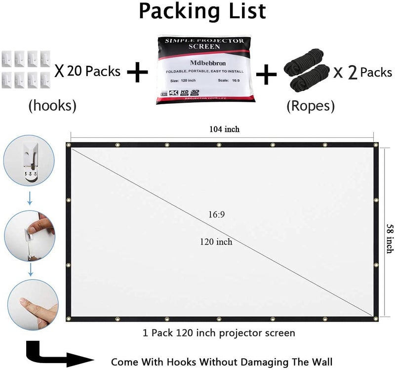 Mdbebbron 120 inch Projector Screen 16:9 Foldable Anti-Crease Portable Projector Movies Screens for Home Theater Outdoor Indoor Support Double Sided Projection - Image 4