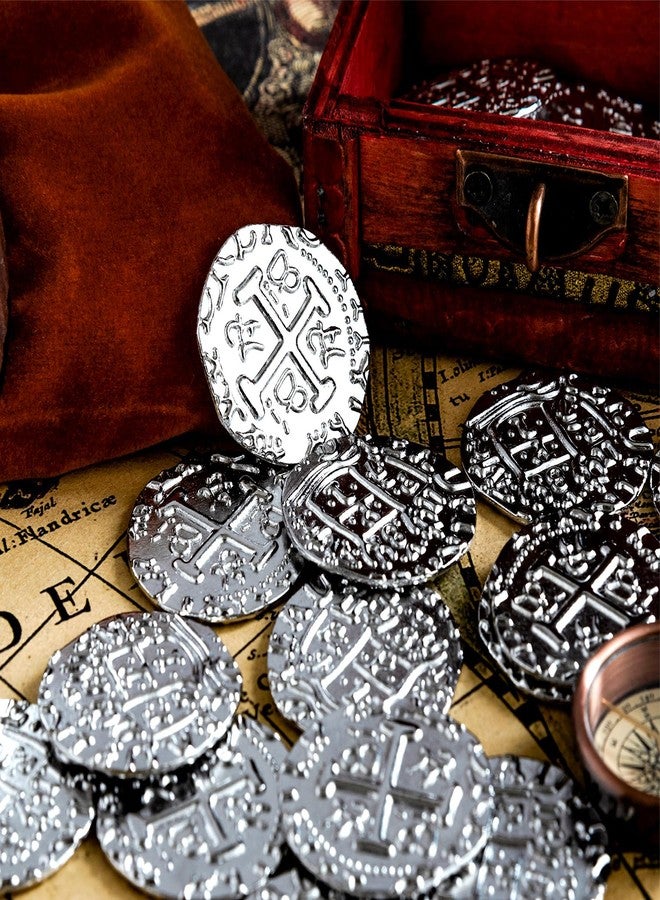 v2croft 50 Metal Pirate Coins, Silver Treasure Coin Set, Metal Replica Spanish Doubloons for Board Games Tokens, Kids Cosplay Pirate Party Treasure Chest Coin (1.18'') - Image 3