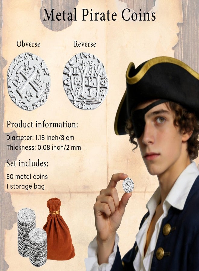 v2croft 50 Metal Pirate Coins, Silver Treasure Coin Set, Metal Replica Spanish Doubloons for Board Games Tokens, Kids Cosplay Pirate Party Treasure Chest Coin (1.18'') - Image 2