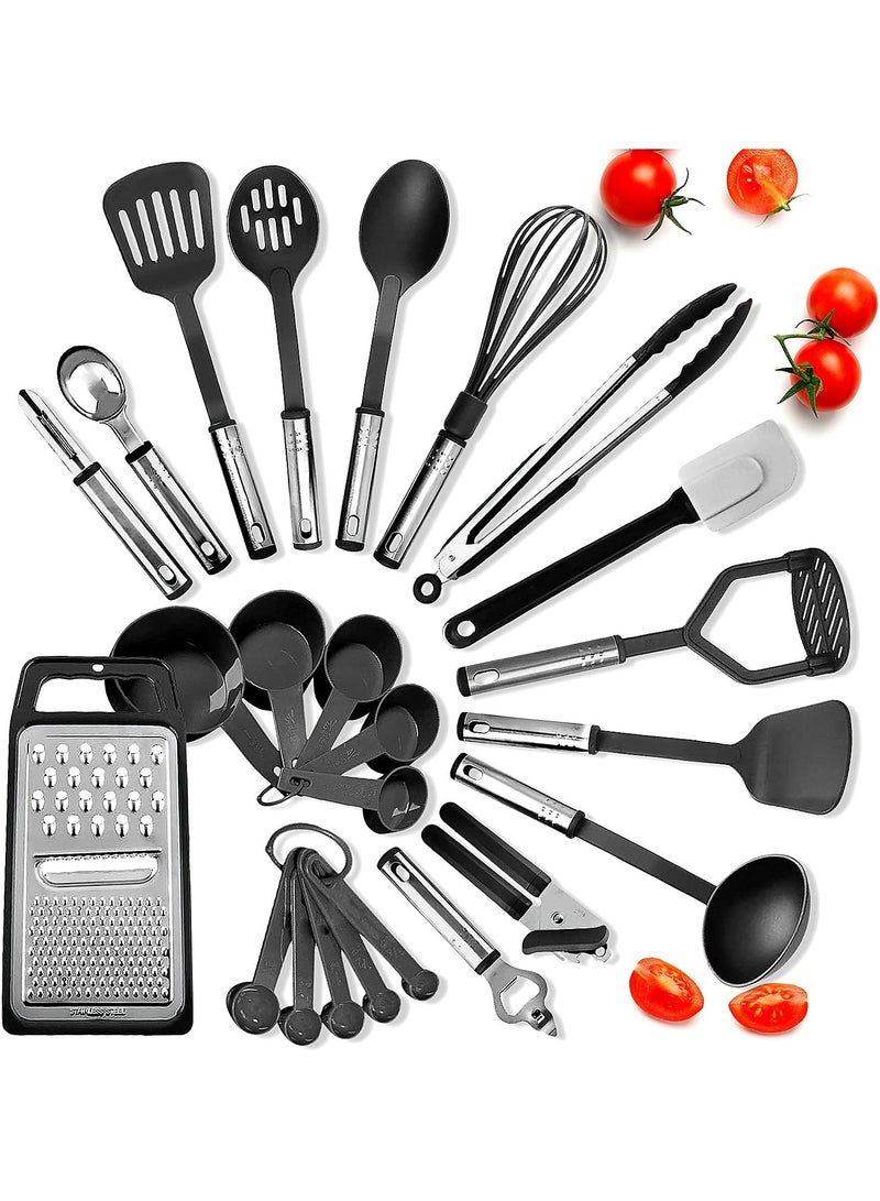 Kitchen Utensils Set - 25 PCS Nylon Cooking Utensils Set, Kitchen Spatula Set with Stainless Steel Handles - Heat Resistant Non-Stick Kitchen Tools - Black Kitchen Utensil Set  - Image 2