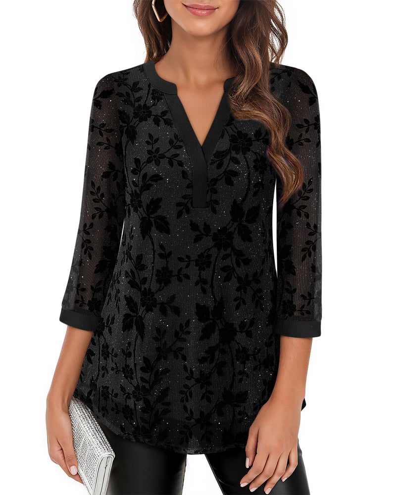 Timeson Sparkle Tops for Women: V Neck Holiday Outfits - Fall Blouses for Women 2025 Loose Fit Ladies Shimmery Tunic Dressy Business Attire Trendy Festive Clothes Evening Cocktail Bling Shirts Black L - Image 2