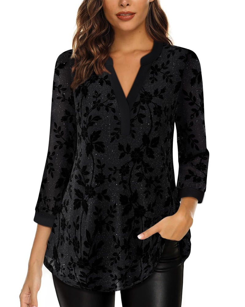 Timeson Sparkle Tops for Women: V Neck Holiday Outfits - Fall Blouses for Women 2025 Loose Fit Ladies Shimmery Tunic Dressy Business Attire Trendy Festive Clothes Evening Cocktail Bling Shirts Black L - Image 4