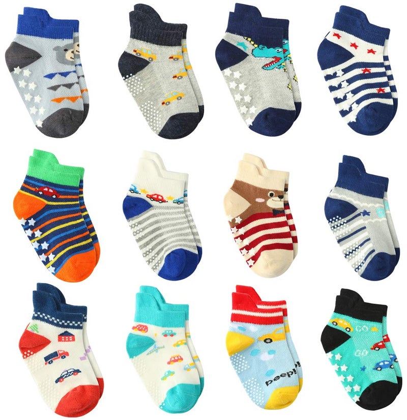 12 Pairs Toddler Boy Grip Socks Cotton NonSlip Infant Newborn AntiSkid Socks for Kids Boys 13 Years
