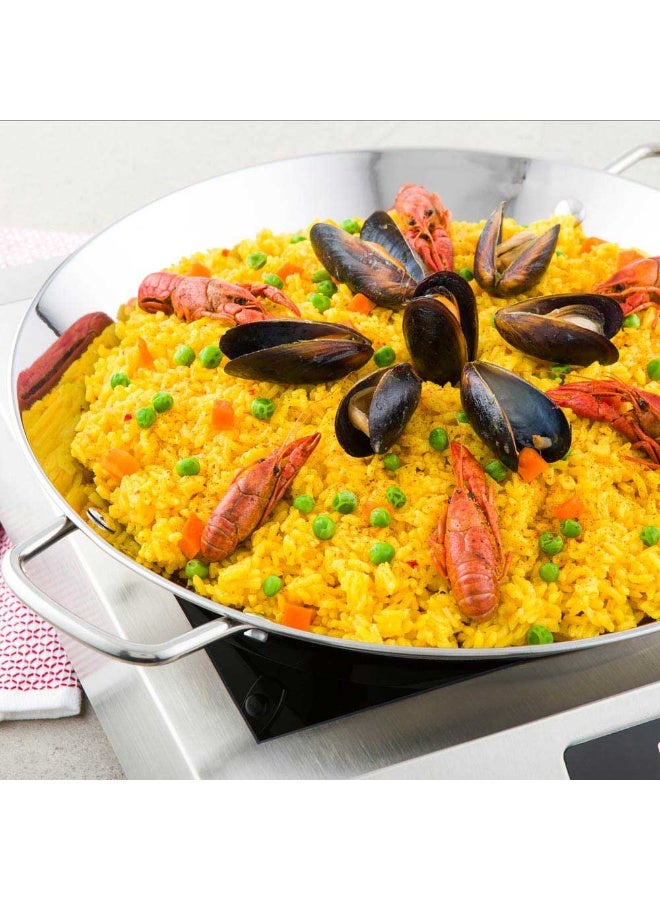 Restaurantware مقلاة بايلا إسبانية 13.5 بوصة، مقلاة بايلا جاهزة للتحريض - ثقيلة، مقابض مثبتة، مقلاة إسبانية من الفولاذ المقاوم للصدأ الفضي، آمنة في غسالة الصحون، أدوات طبخ بايلا للمنازل أو المطاعم - Image 3