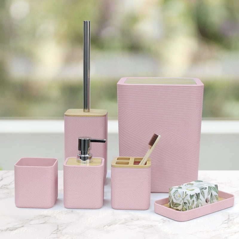 CERBIOR Bathroom Accessories Set 6 Piece Bamboo Bath Ensemble Includes Soap Dispenser, Toothbrush Holder, Toothbrush Cup, Soap Dish for Decorative Countertop and Housewarming Gift (Pink) - Image 4