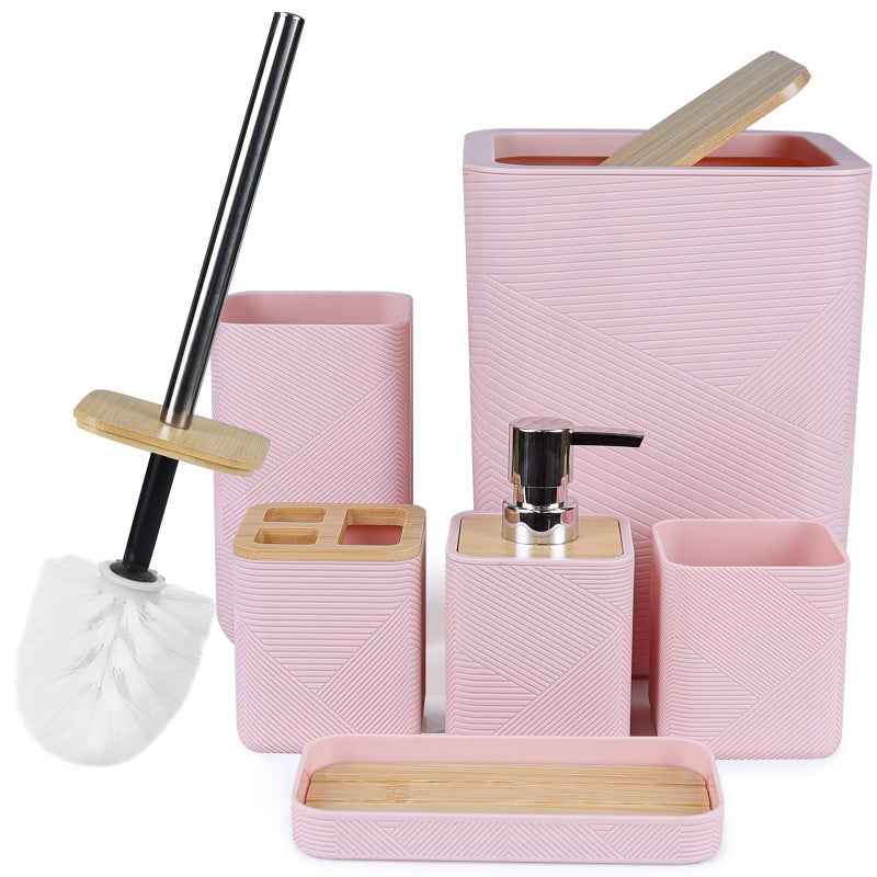 CERBIOR Bathroom Accessories Set 6 Piece Bamboo Bath Ensemble Includes Soap Dispenser, Toothbrush Holder, Toothbrush Cup, Soap Dish for Decorative Countertop and Housewarming Gift (Pink) - Image 1