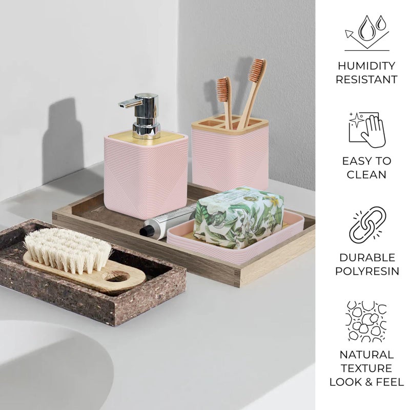 CERBIOR Bathroom Accessories Set 6 Piece Bamboo Bath Ensemble Includes Soap Dispenser, Toothbrush Holder, Toothbrush Cup, Soap Dish for Decorative Countertop and Housewarming Gift (Pink) - Image 3