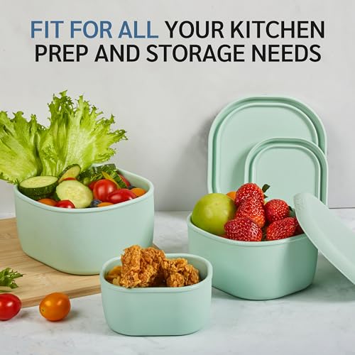 ISSEVE 6Pcs/Set Nesting Silicone Food Storage Containers with Lids, BPA Free Reusable Meal Prep Silicone Containers Lunch Box Bento Box Set (33.8oz, 20oz, 10oz, 6.7oz, 1.3oz) (Green) - Image 4