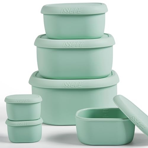 ISSEVE 6Pcs/Set Nesting Silicone Food Storage Containers with Lids, BPA Free Reusable Meal Prep Silicone Containers Lunch Box Bento Box Set (33.8oz, 20oz, 10oz, 6.7oz, 1.3oz) (Green) - Image 1